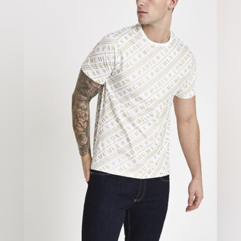 River Island Mens White MCMLX Slim Fit Short Sleeve T-Shirt
